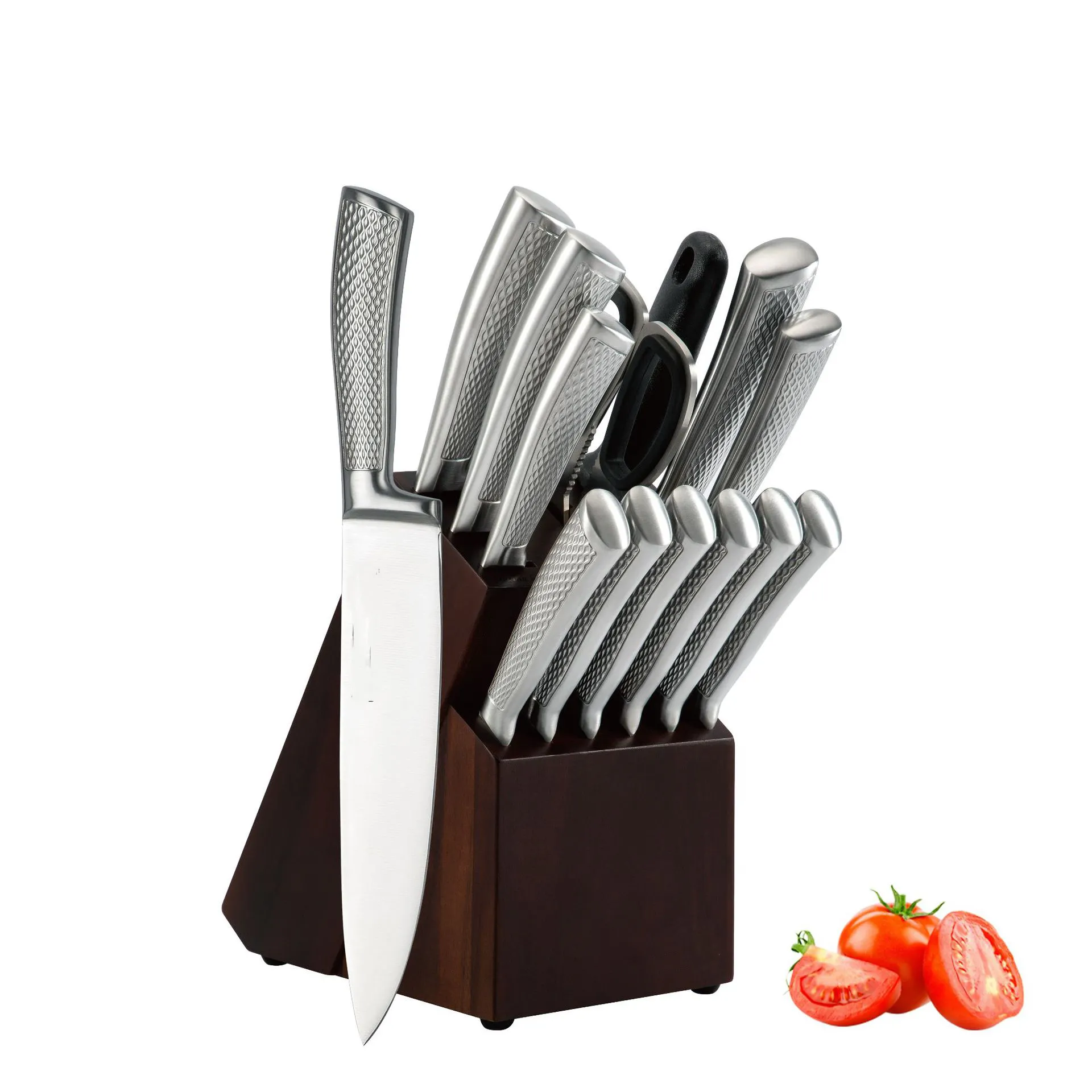 Stainless steel 14-piece knife set All steel knife set Acacia wood knife base