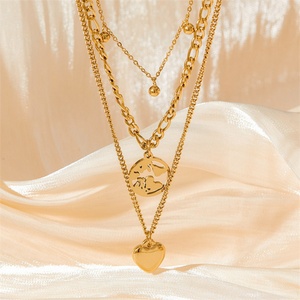 Bohemian Style Three-layer Necklace <b>love</b> Pendant Stainless Steel Hollowed Out Map Round Pendant Gold Clavicle Necklace for Women - Product Image 3