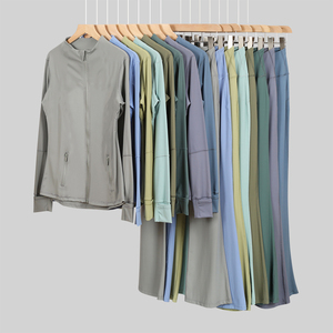 Ensemble de vêtements de yoga pour femmes <span class=keywords><strong>LULU</strong></span>, 2 pièces, motif uni, veste de jogging avec pantalon évasé, fermeture élastique à la taille, tenue de fitness d'automne - Product Image 4