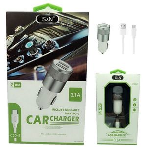ที่ชาร์จในรถยนต์ S N 3.1A แบบสองพอร์ต USB พร้อมสาย Type C สำหรับอุปกรณ์มือถือ - Product Image 1