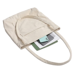 Sac fourre-tout en velours côtelé doux avec poche avant, grande capacité, réutilisable, en coton, pour le shopping, les sorties quotidiennes, les voyages, l'école, les trajets quotidiens, OEM ODM - Product Image 2
