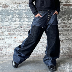Jeans Cargo da Uomo in Denim Giapponese Selvedge, Personalizzati dal Produttore, con Bottoni, <span class=keywords><strong>Doppio</strong></span> Strato sulle Ginocchia, Color Block, Gamba Larga e Vestibilità Baggy - Product Image 1