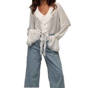 Chemisier blanc en mousseline de soie pour femme, col en V, manches longues, avec volants et nœud sur le devant, coupe ample, décontracté, pour le printemps et l'été - Product Image 4