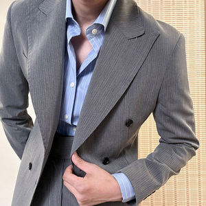 Vendita calda <span class=keywords><strong>doppiopetto</strong></span> abiti da lavoro classici da uomo nero a righe grigie abiti da sposa formali con cerniera pantaloni mosca - Product Image 3
