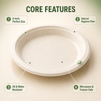 Assiette ronde en bagasse de canne à sucre de 6 pouces, entièrement compostable, résistante à l'huile, compatible micro-ondes, en pulpe moulée, pour la restauration et les plats à emporter
