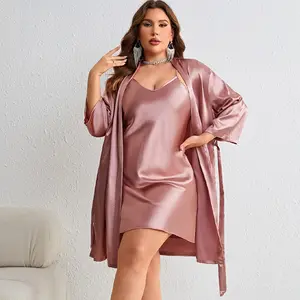 In stock Plus size solid color casual belted satin Kimono robe and Cami Dress set for women