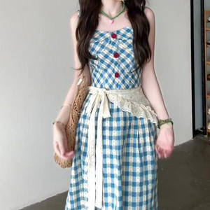 เสื้อสายเดี่ยวลายสก๊อตสไตล์ฝรั่งเศสพร้อมกระโปรงเข้าชุด ชุดลำลองผ้าออกซ์ฟอร์ดระบายอากาศได้ดีสำหรับผู้หญิง ชุดสองชิ้น - Product Image 2