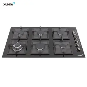 Xunda 90cm Durable Cast Iron Pan Support Tempered Glass Gas Hob Ignition 6 Burner Built In Gas Stove Cooktop