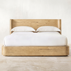 Natural Blond Teak Wood <b>Bed</b> <b>Frame</b> Modern <b>Platform</b> <b>Bed</b> with Curved Wingback Headboard - Product Image 1