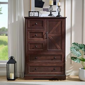 <span class=keywords><strong>Commode</strong></span> de chambre style farmhouse, haute, avec rangements, finition cerisier foncé, construction <span class=keywords><strong>en</strong></span> panneaux de particules - Product Image 2