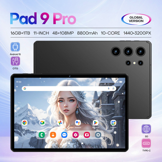 Pad9 Pro Tablet PC 11-Inch 1440x3200 Display 16GB RAM 1TB ROM Android 15 MTK Quad Core 1.5GHz 8800mAh Type-C 48MP+108MP Camera