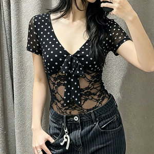 Women Polka Dot Print Lace <b>Patchwork</b> V Neck Short Sleeve Knit T Shirt Y2K Vintage Slim Fit <b>Top</b> - Product Image 4