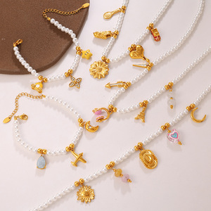 Freshwater Pearl <b>Bracelet</b> Necklace <b>Set</b> With Gold Charms For Women Everyday Wear Sweet Girl Style Jewelry <b>Set</b> - Product Image 1