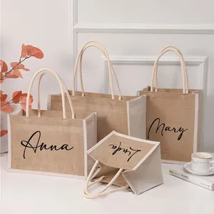 Logo personnalisé réutilisable lin chanvre jute sac fourre-tout Shopping Eco Gunny sac en toile de jute pour épicerie plage