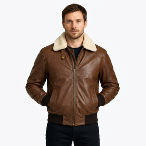 Chaqueta de Cuero Marrón para Hombre con Cuello de Piel de Sherpa y Cierre de Cremallera - Product Image 1