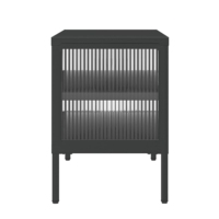 Meuble TV moderne et simple en verre noir et acier avec étagères de rangement ouvertes, design de porte cintrée, personnalisable, pour salon