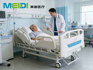 Lit médical à manivelle simple avec têtes et pieds creux triples, surface perforée, frein de commande central - Product Image 4