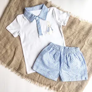 Customization western kids clothing boy bunny embroidery seersucker shorts set boys easter outfit children boutique cloth