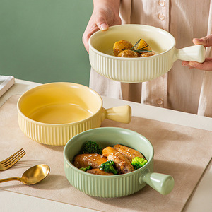 Tazón de Cerámica con Asa, Apto para Horno y Microondas, para Uso Doméstico, para Hornear, Frutas, Ensaladas, Estilo Morandi, Color Sólido - Product Image 1