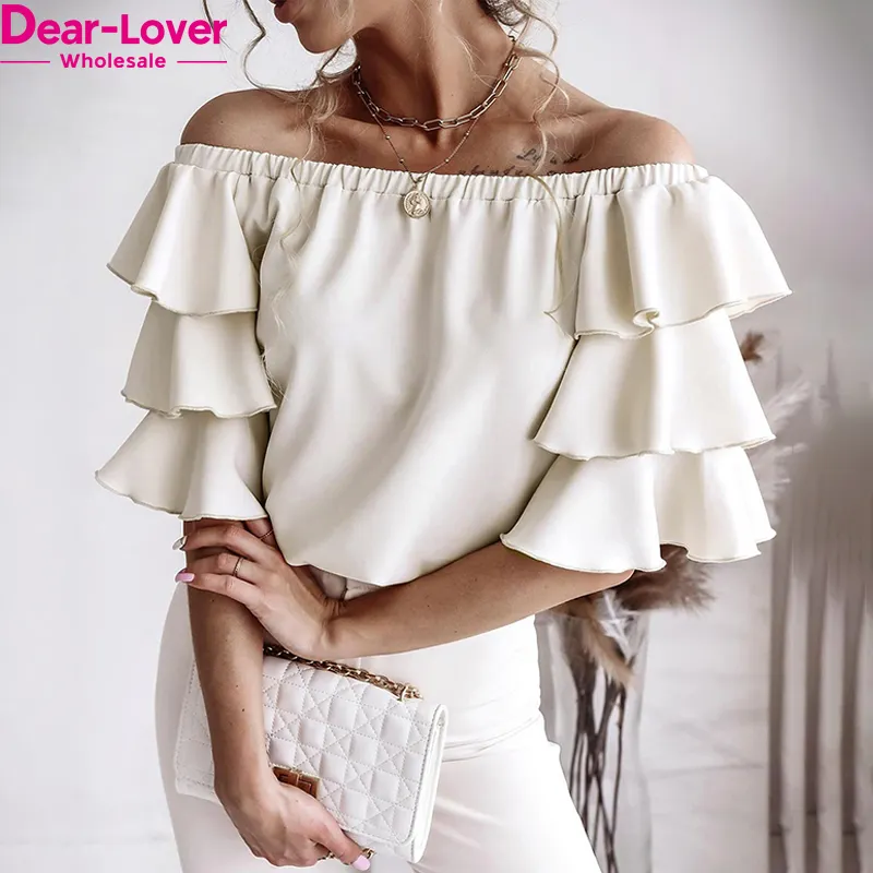 Dear-Lover Wholesale 2023 Summer Trendy Ladies Fashionable Chiffon Blouses Elegant Women Off Shoulder Top