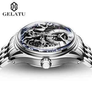 GELATU 6018 Lucky Harvey Dragon Watch Men Luxury Unique Stainless Steel Hollow Out Automatic Mechanical Wrist Watches