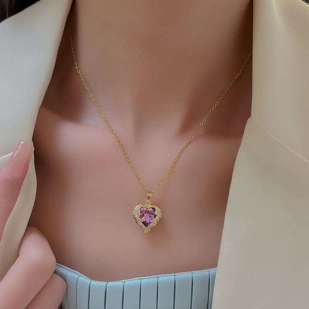 Großhandel Zirkon Ozean Herz Halskette Herz Kristall Anhänger Halskette Frauen Valentinstag Muttertag Schmuck Geschenk