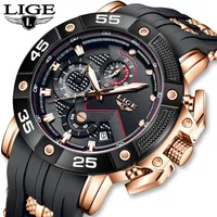 Montre chronographe à quartz pour homme, trois sous-cadrans, cadran noir, boîtier en or rose, bracelet en silicone, montre de sport et de course