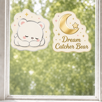 Autocollants personnalisés imperméables en PVC vinyle, motif ours kawaii et lune, pour fenêtre, imprimés UV, électrostatiques, décoratifs pour verre et mur