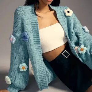 RITA 2024 새로운 대형 여성용 꽃 자수 랜턴 슬리브 뜨개질 카디건 스웨터