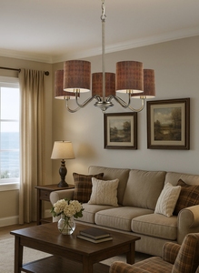 Có thể điều chỉnh chiều cao mộc mạc trang trại Đèn chùm đồng kết thúc với Kết cấu vải màu nâu Shades cho phòng khách hoặc khu vực ăn uống - Product Image 6