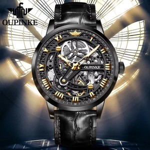 OUPINKE 3173 Original Leather Strap <b>Automatic</b> Hollow Mechanical Wristwatch for Men <b>Chronograph</b> Luxury Brand Men's Watches - Product Image 4