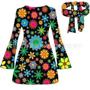 Women's Retro <strong>70s</strong> Cat-Themed Hippie Dress O Neck Flare Sleeve Cotton <strong>Plus</strong> Headscarf Disco <strong>Outfit</strong> 60s Party Cosplay Costume - Product Image 2