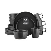 Service de vaisselle en porcelaine noire mate effet pierre, 16 pièces, jetable, compatible micro-ondes et lave-vaisselle, design moderne et robuste