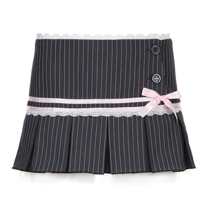 Minifalda plisada a rayas con encaje y detalle de lazo para mujer, cintura baja, estilo Y2K, informal, a la moda - Product Image 6