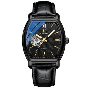 Reloj Mecánico para Hombre CHENXI 8815, Diseño Moderno con Caja Cuadrada Tipo Barril de Vino, Fondo Transparente, Resistente al Agua, Correa de Cuero de 22 mm - Product Image 3