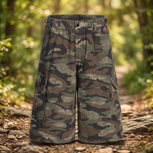 Men's Camouflage <b>Cargo</b> Shorts High Waist Elastic Band Canvas Workwear Style Bermuda Length With Pockets - Product Image 4