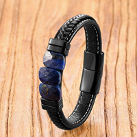 Bracelet en cuir tressé pour homme avec pierre de jaspe rouge naturelle facettée et fermoir magnétique en acier inoxydable – Vente en gros