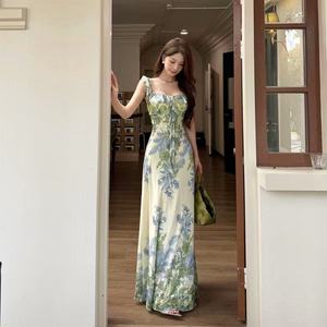 Beyouare 2026 Monet Green Garden Dress Empire Waist Square Collar Floral Print Long Casual Travel Dress - Product Image 1