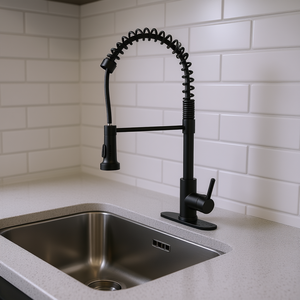 Robinet de cuisine commercial DB en laiton massif, monocommande avec douchette extractible, noir mat, moderne, à montage sur comptoir, avec ressort - Product Image 2