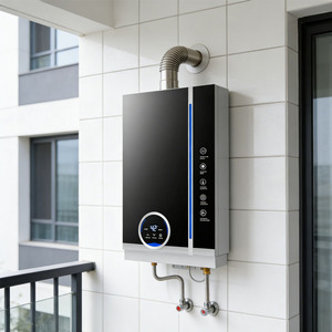 <span class=keywords><strong>Chauffe</strong></span>-<span class=keywords><strong>eau</strong></span> mural extérieur au <span class=keywords><strong>gaz</strong></span> naturel 24 kW en acier inoxydable à température constante pour usage domestique, faible coût d'entretien - Product Image 1