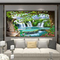 Papel Tapiz Mural 3D Personalizado de Cualquier Tamaño con Paisaje Natural de Cascada en Bosque Verde para Sala de Estar, Dormitorio, Papel de Pared Fotográfico
