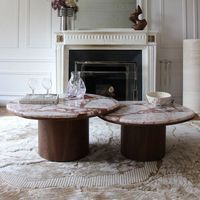 Meja Kopi Moontree Custom Stone, Meja Batu Vintage 3 Kaki, Travertine Krim