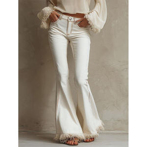 Jeans évasés pour femmes personnalisés, ourlet <span class=keywords><strong>effiloché</strong></span> <span class=keywords><strong>blanc</strong></span>, jeans évasés taille basse pour femmes - Product Image 1