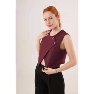 Chaleco Largo Retro Bordado de Tela Tejida para Mujer, Modelo Cruzado con Doble Botonadura, Color Borgoña, para Otoño e Invierno, Venta al por Mayor - Product Image 2