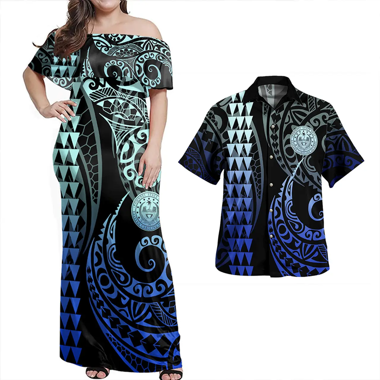 Pohnpei State Combo Kleid und Hemd Wappen Gradient Blue Style Hawaii hemden mit Damen Maxi kleider 2 Stück Großhandel
