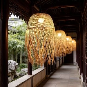 Bamboo Woven Pendant Lamp Round Led <b>Light</b> Source Single Head <b>Chandelier</b> For Home Outdoor Indoor Use - Product Image 2
