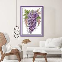 Kit de Broderie Point de Croix DIY Motif Floral Glycine Violette sur Tissu Pré-imprimé pour Adultes, Décoration Murale et Cadeau