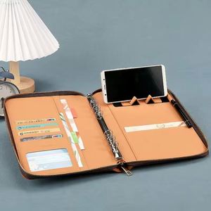 Hot Selling Extra Large Metal Zippered Leather Covered Functional Custom Logo Folders with <b>Lined</b> Inner Pages File Card Pockets - Product Image 3