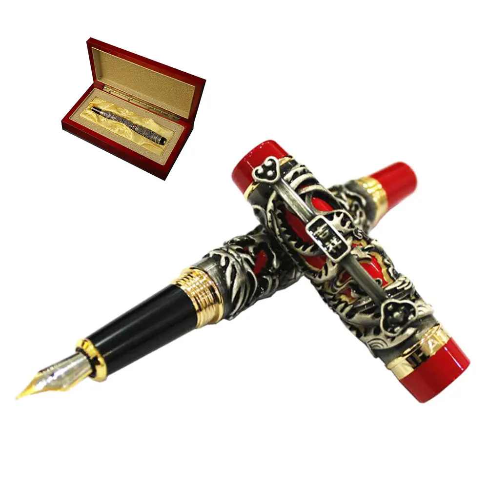 Caneta fonte, luxuosa, parafuso, dourado, preto, de metal, dragon loong, phoenix, antique, jinhao, caneta fonte, com estojo de presente