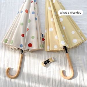 Parapluie haut de gamme de style coréen, semi-automatique, à 16 baleines, à double poignée longue, à motif de points, résistant au vent, imperméable et anti-UV - Product Image 1